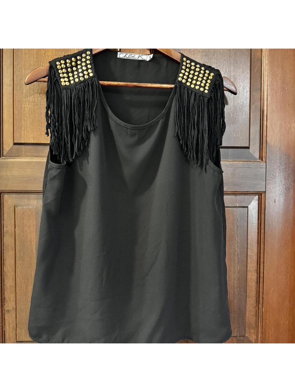Chloe K Black Tank with Fringe and Studded Shoulder Detail, Size M